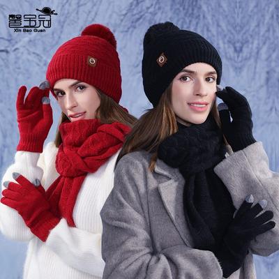 Winter Warmer Hut Schal Handschuhe Dreiteiliges Damen Outdoor Fleece Verdickt Ohrenschützer Kopf Gestrickte Wollmütze