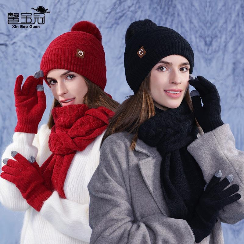 Winter Warm Hat Scarf Gloves Three-piece Women's Outdoor Fleece Thickened Ear Protector Head Knitted Wool Cap