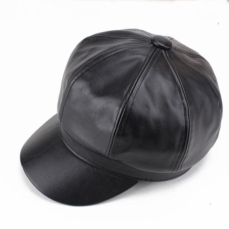 1PC PU Leather Winter Fall Peaked Caps Adjustable Painter Hat New Berets Women Hat Solid Color Beret Octagon Slimming Face