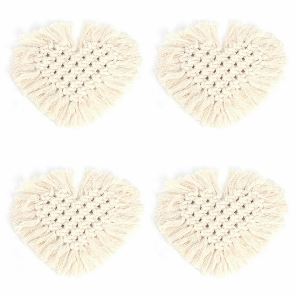 4Pcs Light Weight Cotton Cup Coaster Heart Shape Rope Woven Coaster Macrame Drink Mat Coffee Table