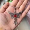 New Gothic Creative Devil Wings Cross Red Devil's Eye Big Pendant Stainless Steel Necklace for Women Men Halloween Party Jewelry