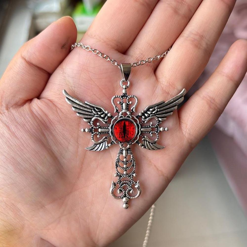 Nieuwe Gotische Creatieve Duivelsvleugels Kruis Rode Duivelsoog Grote Hanger Roestvrij Staal Ketting voor Vrouwen Mannen Halloween Feest Sieraden