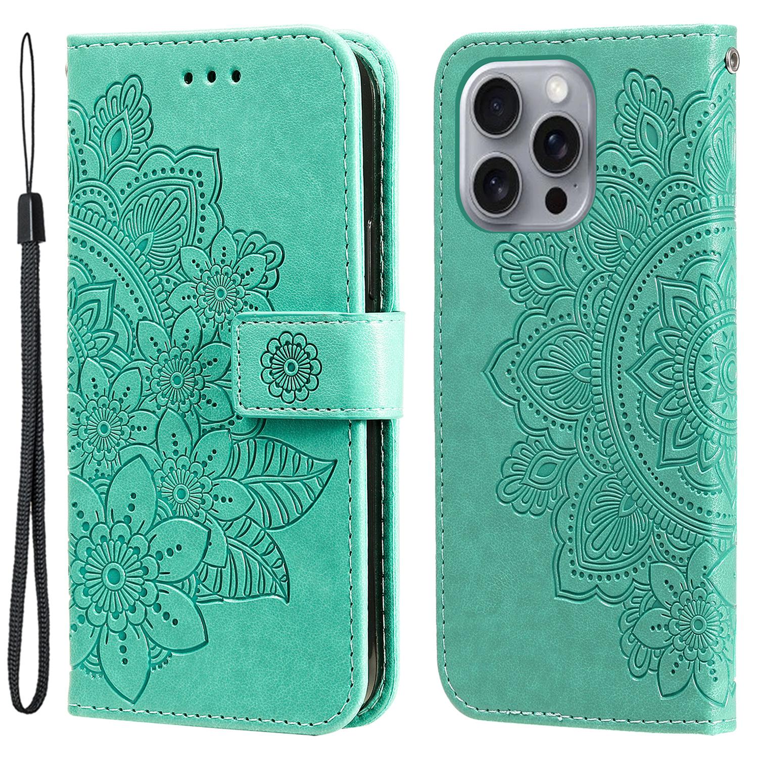 

Чехол для iPhone 16 Pro с цветочным узором, кошелек-подставка из ПУ кожи, чехол для телефона Green