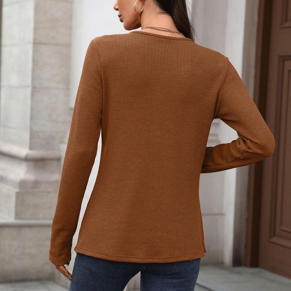 Autumn Winter Solid Color Round Neck Button Loose Long Sleeve T-Shirt Top for Women