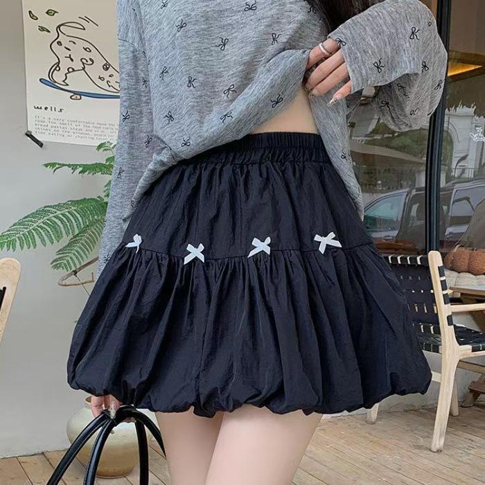 Elastic Bow High Waist White Tulip Mini Skirt - Slimming, Versatile, Sweet A-line for Spring/Summer