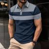 Men's Korean-Style Casual Patchwork Short-Sleeve Polo Shirt V-Neck Button Striped Versatile T-Shirt Top