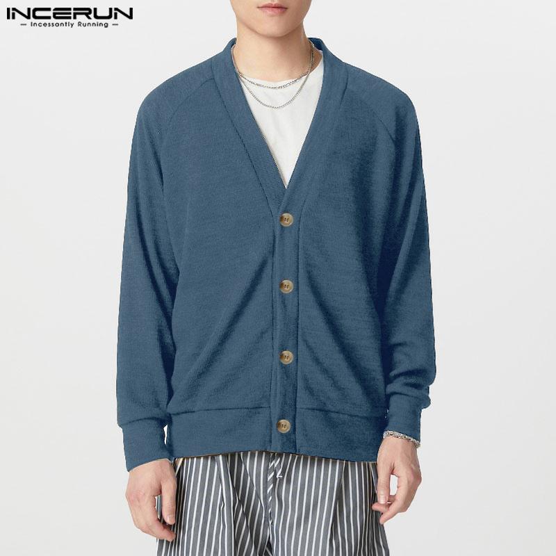 INCERUN Men V Neck Long Sleeve Buttons Up Rib Knit Oversized Cardigan Tops