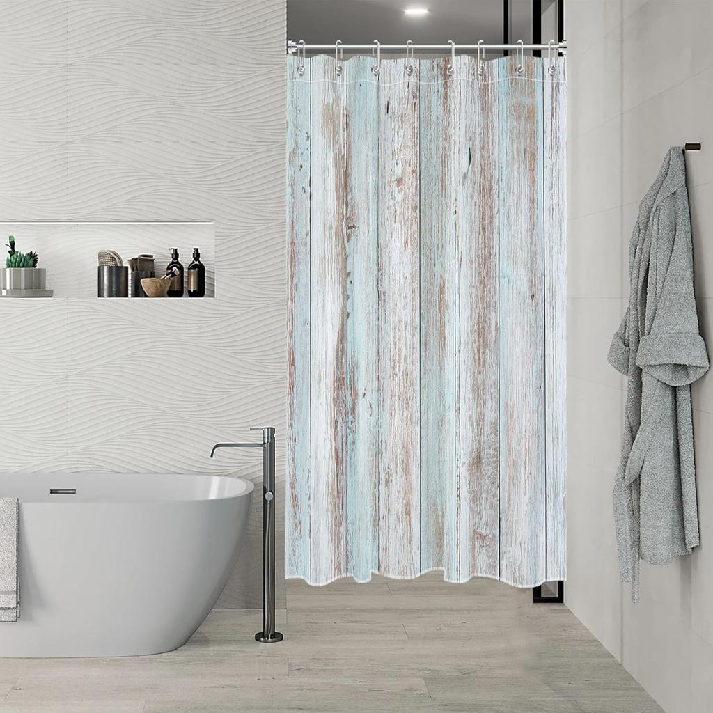 Blue Wood Plank Shower Curtain Rustic Design Weathered Texture Farmhouse Style Bath Decor Waterproof Fabric Vintage Look Home