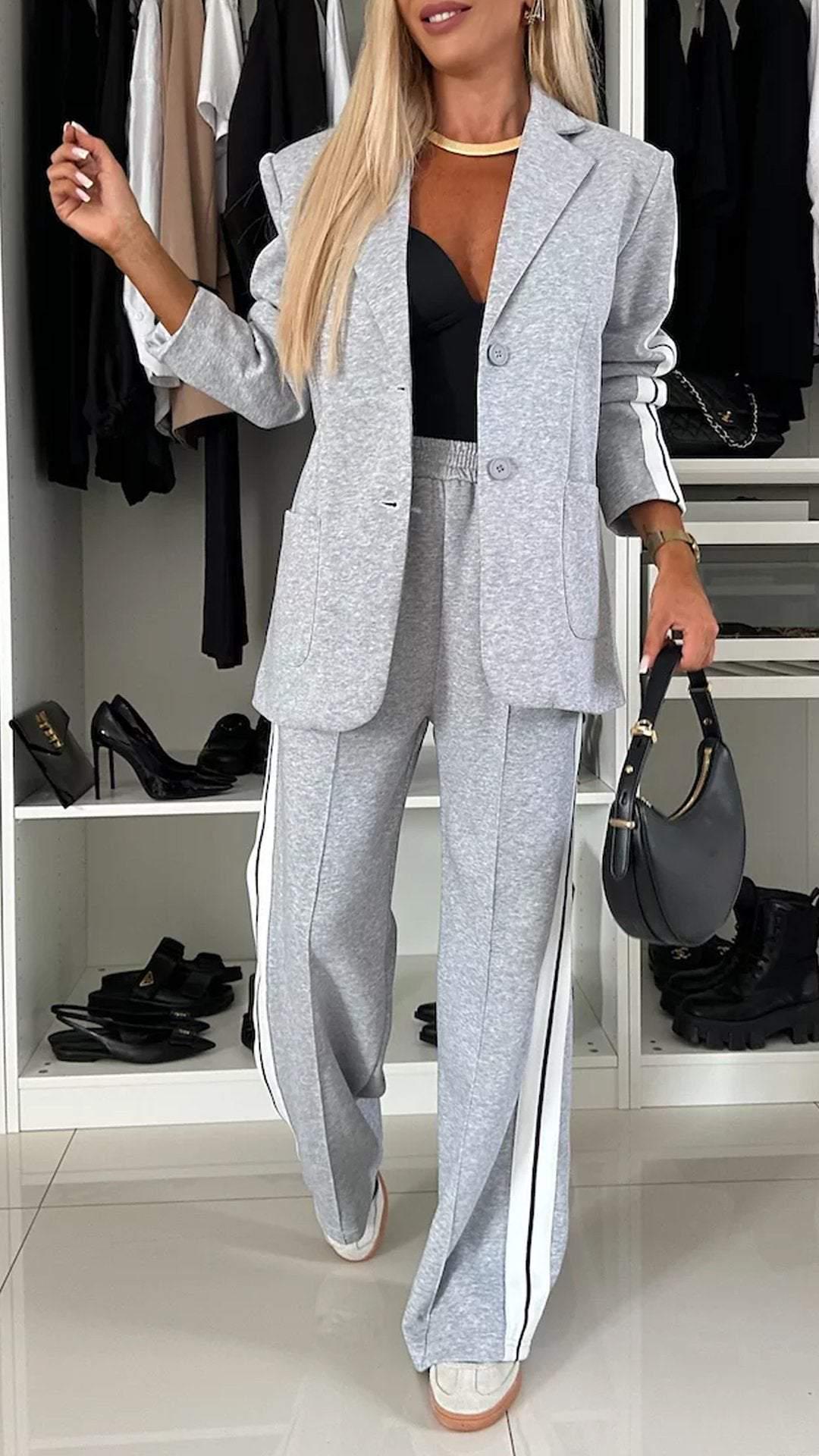 

2024 European/American Autumn/Winter Women s Long-Sleeved Turn-Down Collar Casual Suit Set L светло-серый