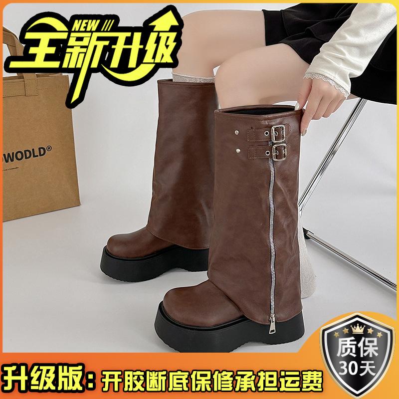 Fashion big-headed pants boots stacking boots knight boots spring and autumn thick-soled leather boots but knee-high boots shoes women