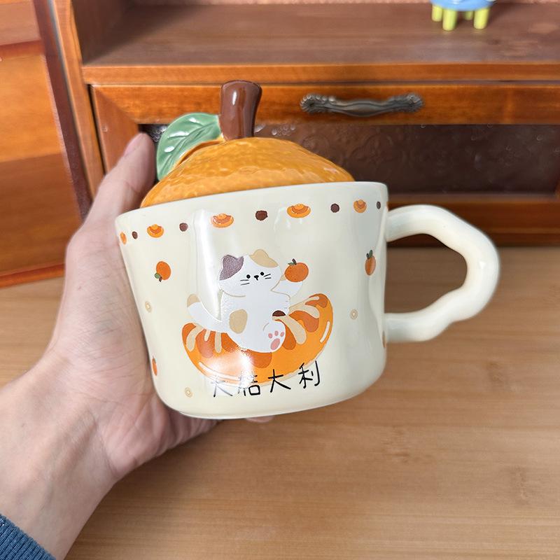 Cute Orange Cat Mug with Lid Creative Good Luck Cup Girls Home Coffee Cup Chinese New Year Gift