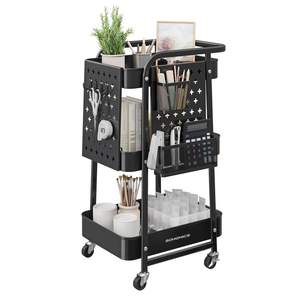 SONGMICS 3-Tier Storage Cart, Rolling Utility Cart, Metal Mesh Shelves, 2 Removable Pegboards, 2 Hanging Holders, 4 Hooks