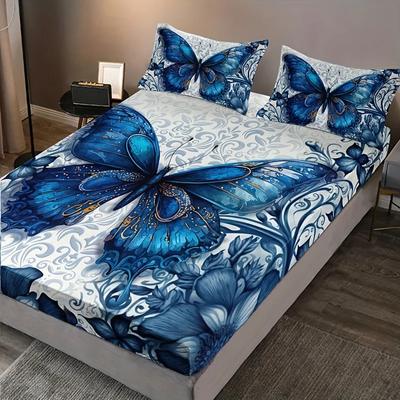 3pcs Blue Butterfly Floral Fitted Sheet Set (1 Fitted Sheet + 2 Pillowcase Without Pillow Insert), HD Printing For Bed Sheet