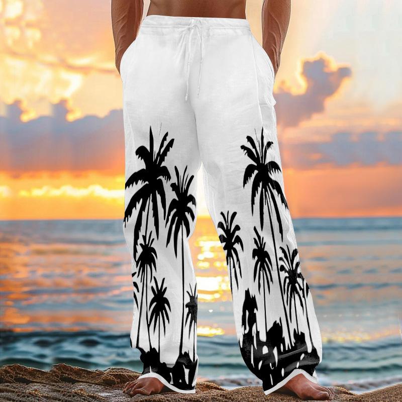 New beach men's printed casual cotton linen loose trousers