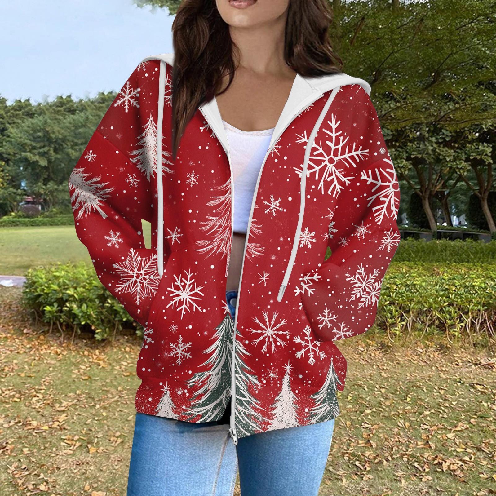 

Женская мода повседневный длинный рукав рождественский принт кардиган пальто с карманом на молнии M