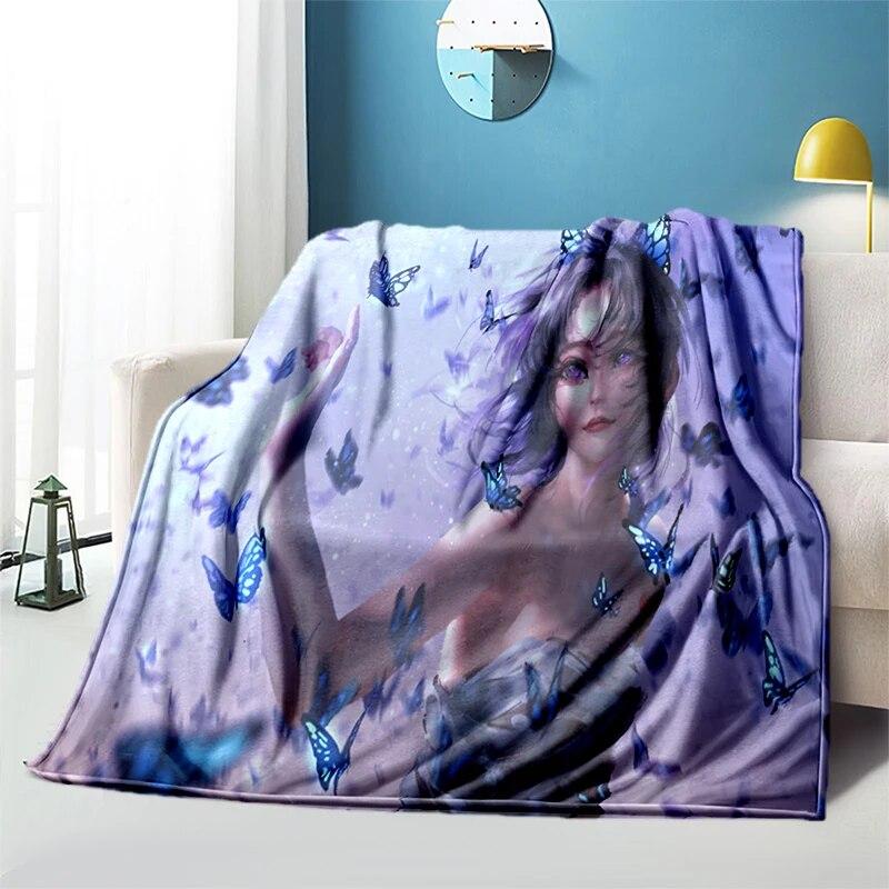 Anime Art Ručně kreslený duch šavle vzor Manta Potah na pohovku Měkká deka Kostkovaná Měkká teplá flanelová deka Vějířové Gif