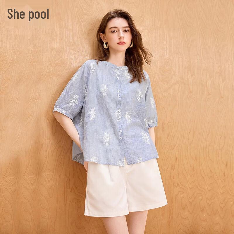 Women s Embroidered Striped Stand-Collar Shirt M