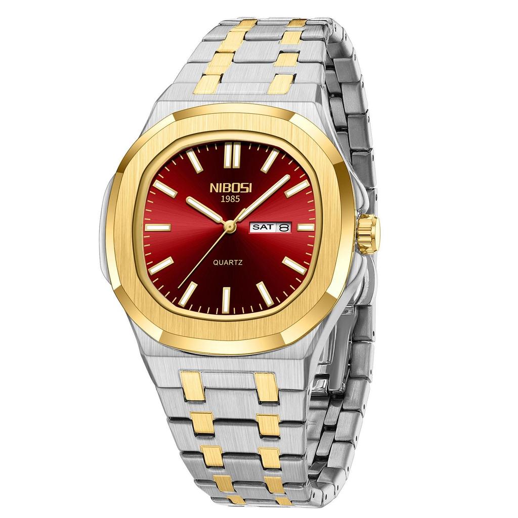 Waterproof Mens Square Quartz Watch Luminous Day Date Display Steel Strap Classic Casual Daily Wristwatch