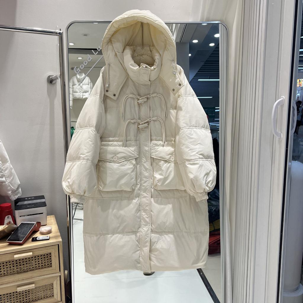 Daunenjacke Damen mittellang und lang mit Kapuze verdickt locker Winter 2024 neue Studentin weiße Entendaunen Kniejacke Flut