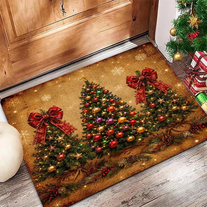 Winter Christmas Non Slip Red Black Plaid Bow Snowy House Design Indoor Outdoor Rug Xmas House Party Holiday Entry Decoration