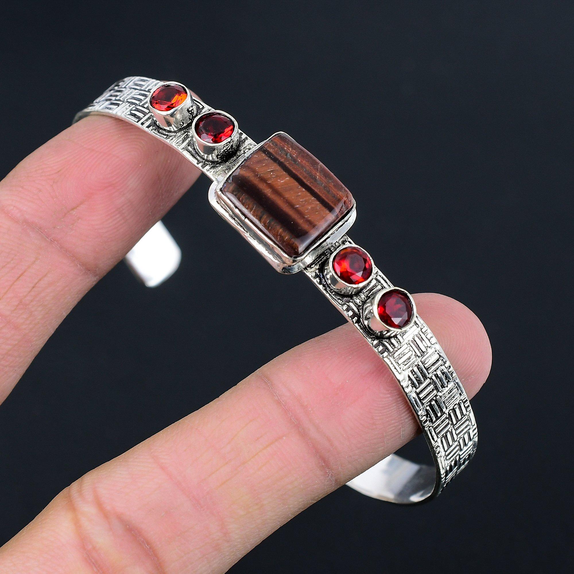 

Sisters Day Deal Natural Tiger Eye Garnet Boho Bangle Bracelet Sterling Silver Adjustable