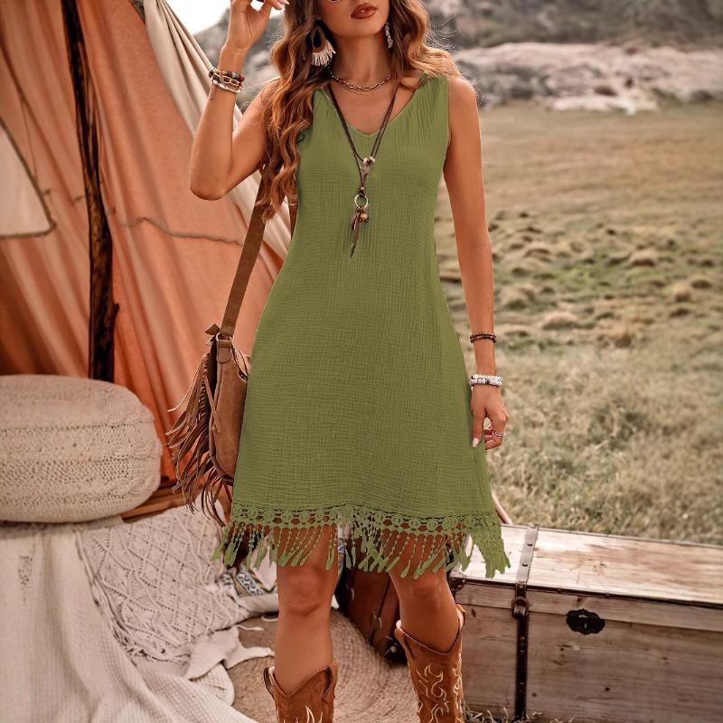 

Платье в стиле бохо-шик с бахромой для женщин. Свободное платье без рукавов с бахромой и элегантным шармом. S