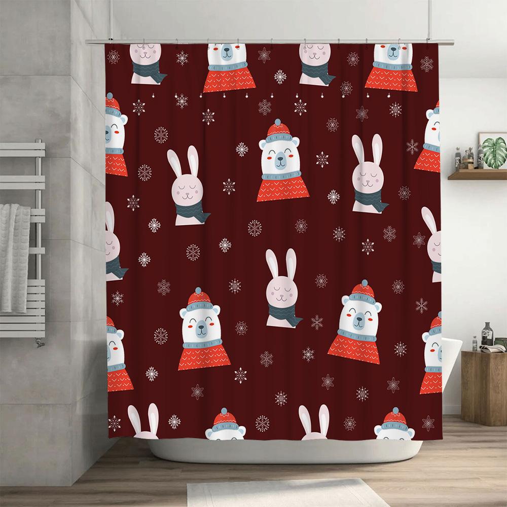 Bathroom Decoration Christmas Shower Curtain with Winter Wonderland Theme Featuring Red Teddy Bears and Snowflakes for Bathroom