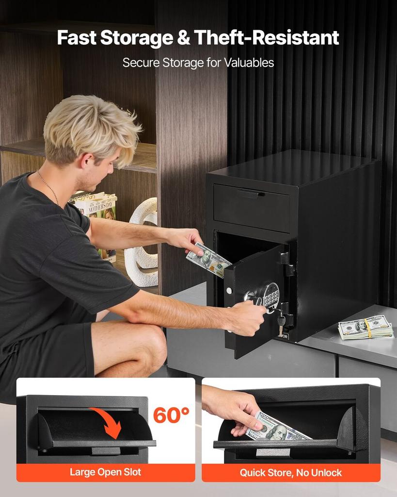 1.2 Cubic Feet Drop Safe, Large Capacity Front Drop Slot Safe Box with Digital Keypad, Heavy Duty 2 Tiers Cash Depository Box with Spare Keys for