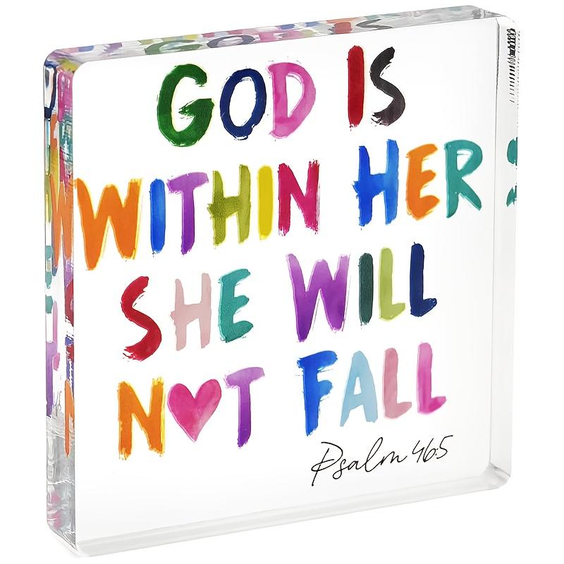 

Inspirational Plaque with Psalm 46:10 Bible Verse - God Is with Her, She Will Not Fall - Motivational Christian Desk Decor for Women, Inspirational 10*10cm