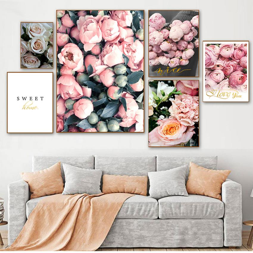 Malba na plátně Nordic Decor Elegantní Pivoňka Květinová fráze Plakát a tisk Nástěnný obraz do obývacího pokoje Domácí dekorace
