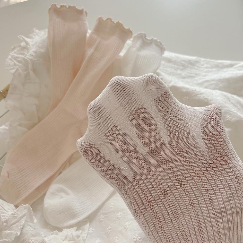 Women's White Ruffled Mesh Crew Socks - Breathable, Sweat-Absorbent, Solid Color, Trendy Summer Style