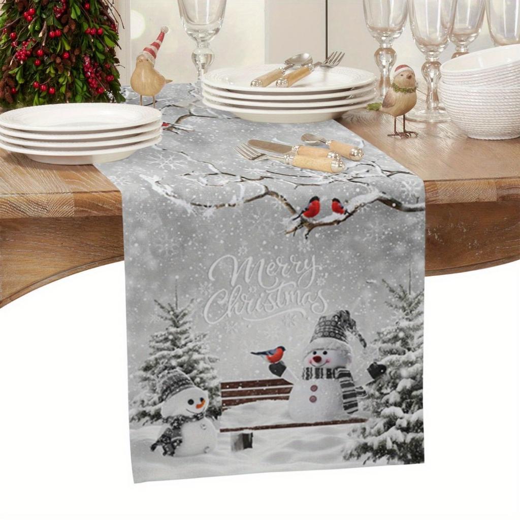 1pc Grey Marry Christmas Table Runner Snowman Printed Dustproof Durable Tablecloth for Xmas New Year Dinning Table Decoration