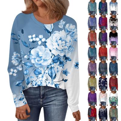 Women's Round Neck Floral Print Raglan Sleeves Long Sleeves All-match Loose Top