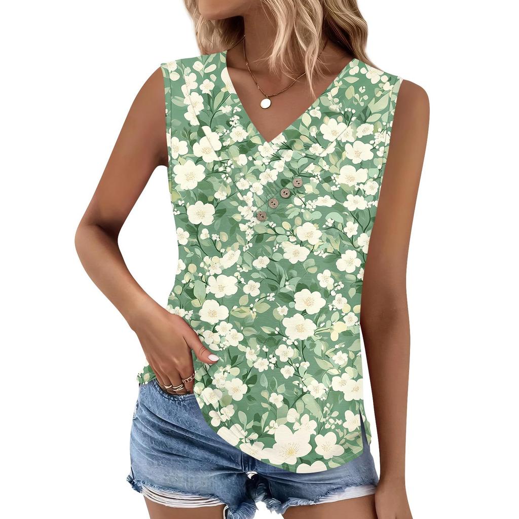 Women's Print Tank Top Button-down V-neck T-shirt Sleeveless Loose Fashion Top