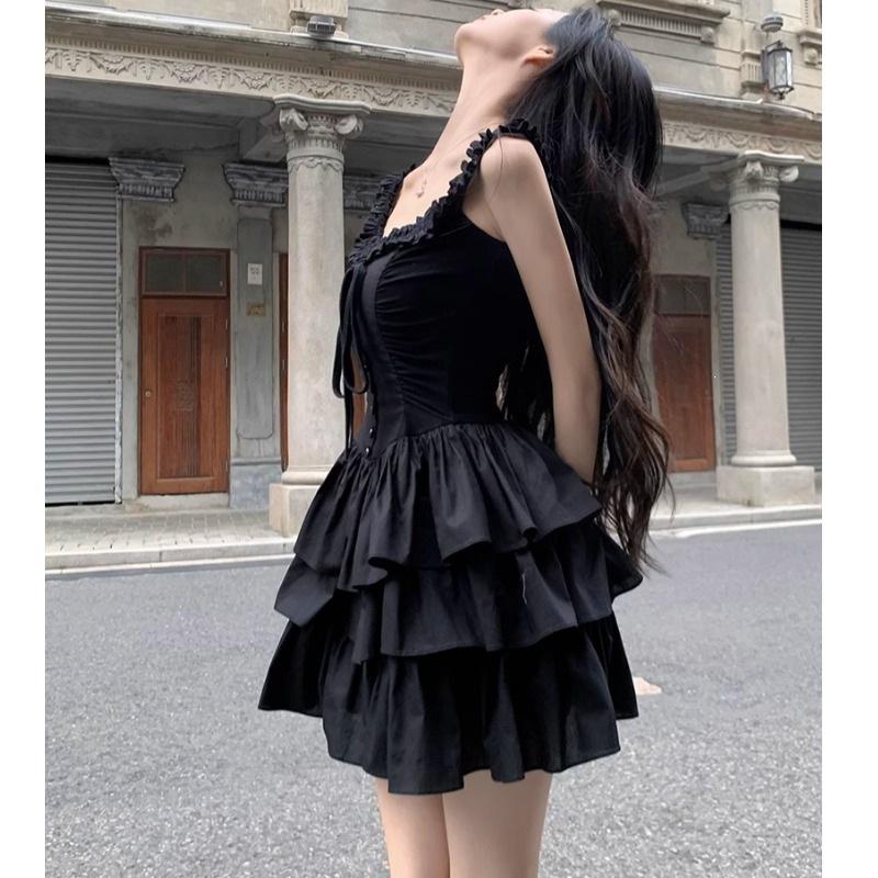 French Atmosphere, Black Suspender Dress, Children's Summer Waist Pinching and Thin Temperament, Thin Princess Tutu Skirt