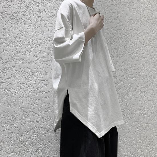 Men T-shirt Solid Color Simple Casual Young Style Friendly to Skin Round Neck Loose Split Hem Half Sleeves Summer Tops Men Clothes