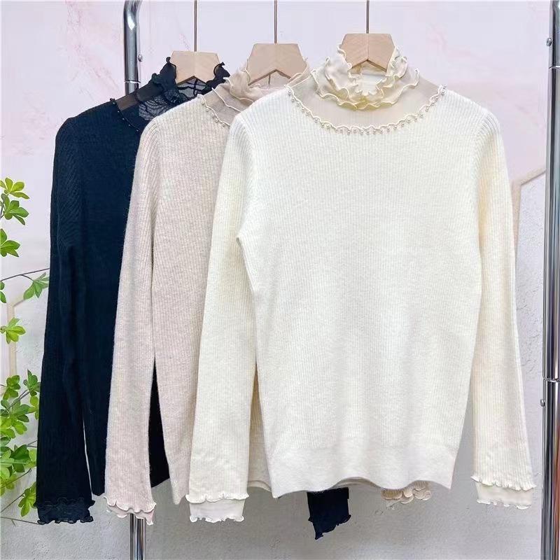 Autumn and winter new fashion slim and thin temperament bead splicing fungus edge knitted sweater backing sweater inside