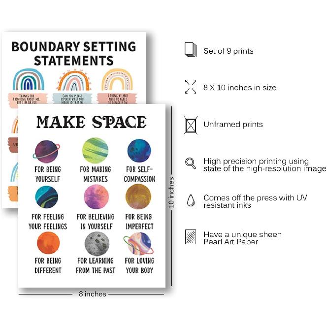 Calming Corner Classroom Posters 8x10 In, Feelings Wheel Chart & Emotions Poster For Kids, Mental Health Wall Decorations For Preschool Teachers,