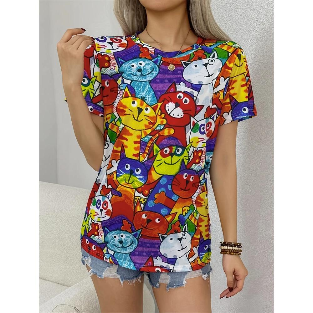 New Women's T Shirt Summer Short Sleeve Abstract Face Printed Round Neck Loose Short Sleeve Oversized Y2K Streetwear