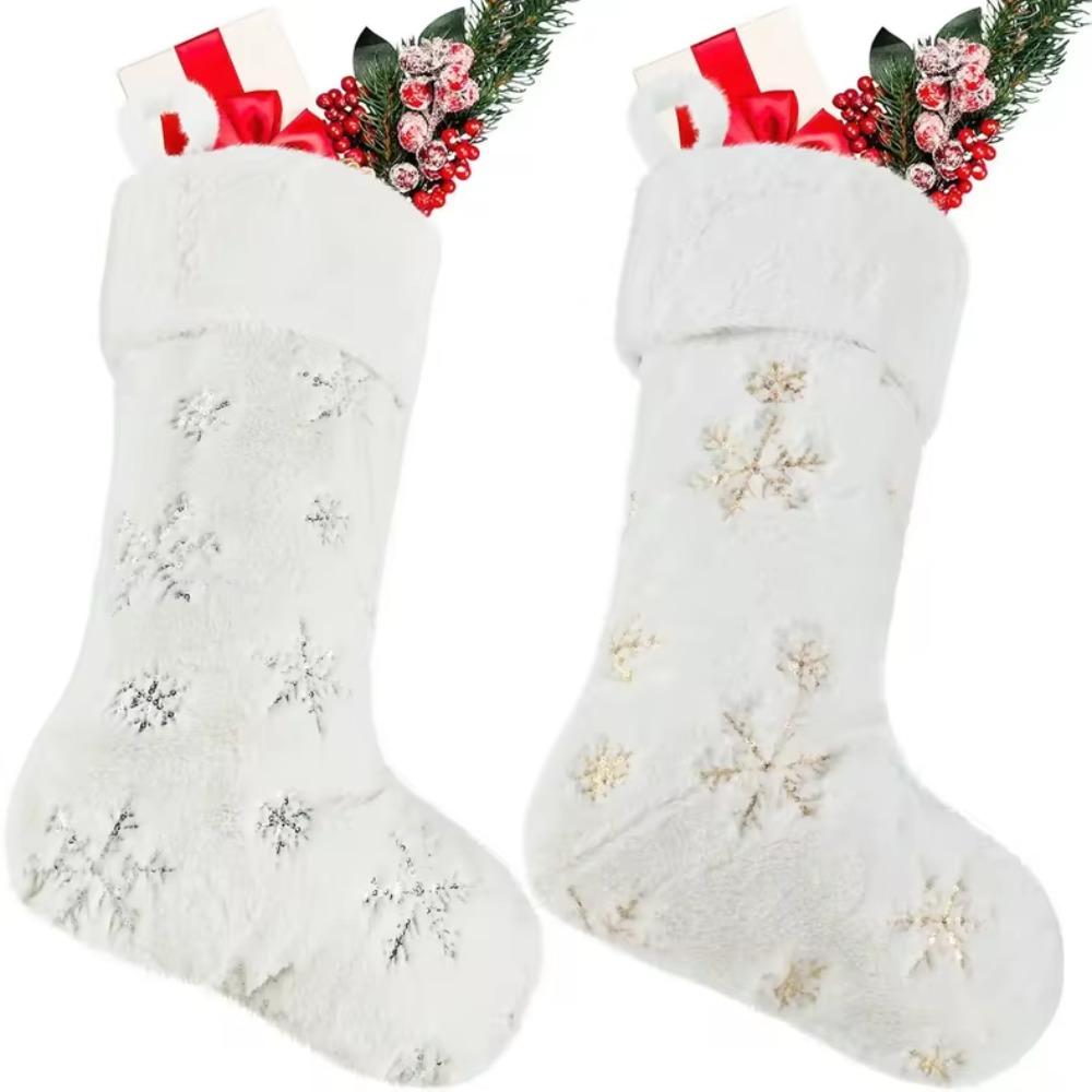 Snowflake Embroidery White Christmas Stocking Sequined Santa Gift Pocket  New Year