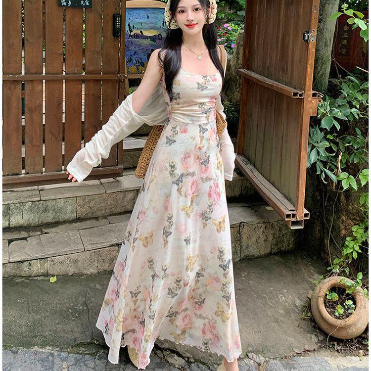 Stylish Slim-Fit U-Neck Print Camisole Dress – Women's Spring/Summer 2025 Collection, Hip-Hugging Long Skirt