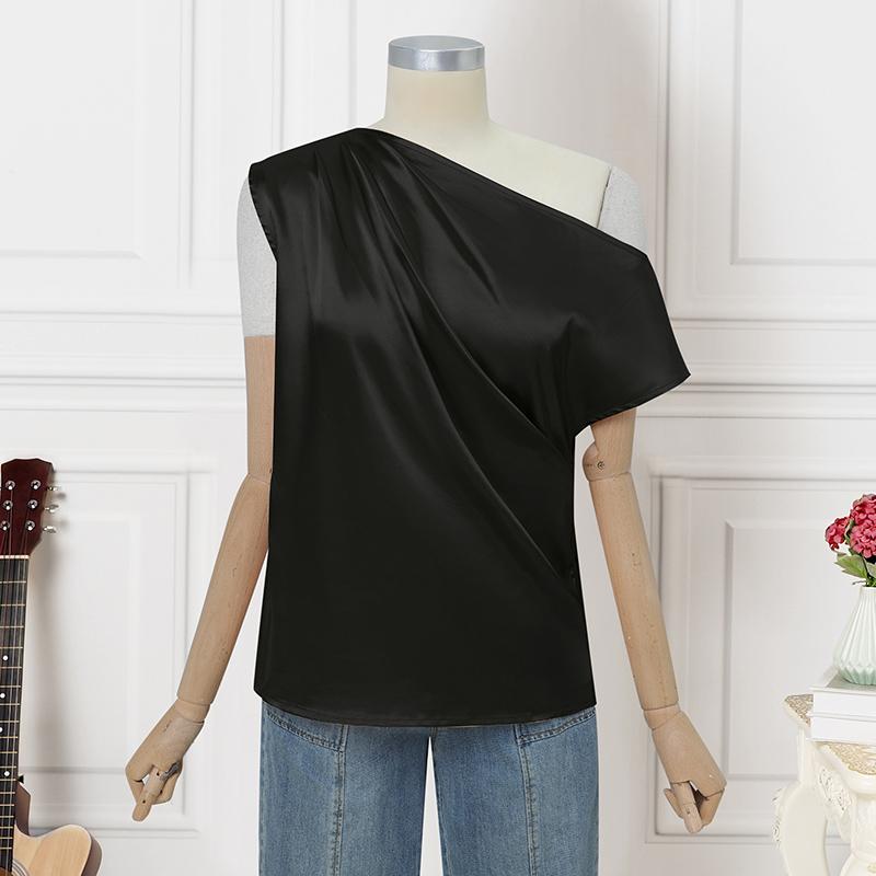 

VONDA Женская блузка на одно плечо с нерегулярным рукавом, однотонная, повседневная, из атласа M чёрный