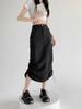 Cargo Midi Skirt Women Summer Slim High Waist Slit A-line Skirt Stitching Drawstring Female Streetwear Vintage Y2K Grey