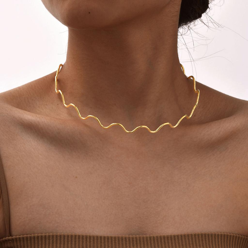 Vnox Minimalist Stainless Steel Line Wave Necklace Choker For Women,Gold Plated Large Hoop,Fashion Ear Hand Neck Jewelry Set
