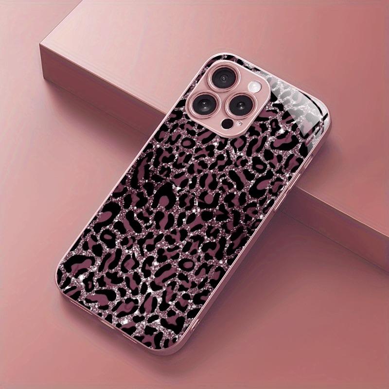 Dark Pink Leopard Print Tempered Glass Metallic Paint Phone Case For iPhone 17 Pro Max 11 12 13 14 15 16 Plus 16E 17 Air Cover
