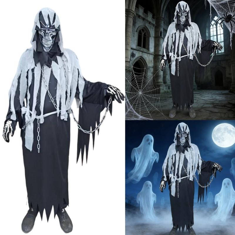 6Pcs Grim Reapers Costume for Adults,Scary Halloween Costume with Grim Reapers Mask Headgear Skeleton Gloves,Waist Belt