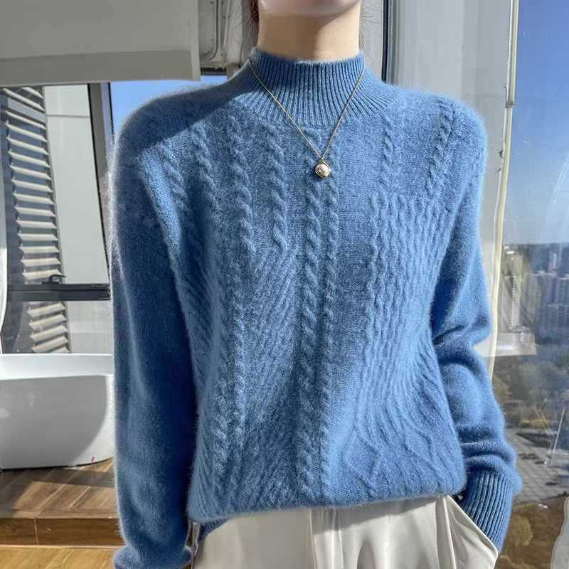 Half High Neck Sweater for Women Slim with Thick Knit Sweater for Warmth Long Sleeved Twisted Flower Pullover for Autumn and Winter