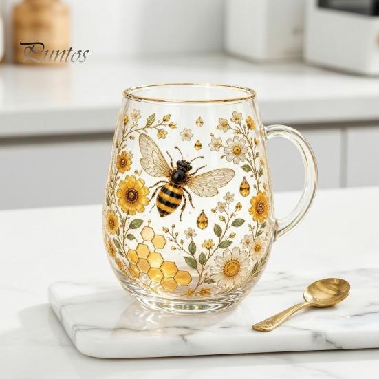 Blumenmuster Glasbecher Morgen-Teetasse, Kolibri-Blumenbecher mit Goldrand, Natur-Motiv Glasware für Kaffee Saft Wein Heiß Kalt