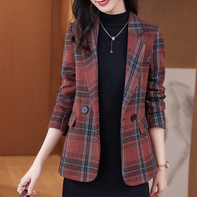 Women's Spring & Autumn Cross-Grid Blazer: Korean Business Casual British Style