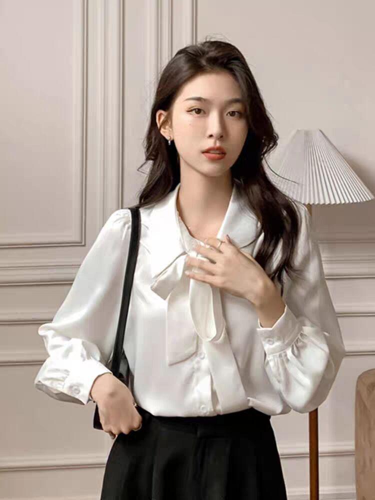 Lantern Sleeve Bow Shirt Inner Shirt Women's Dress Lace-up Design Professional Top